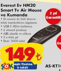 EVEREST EV HM20 SMART TV AİR MOUSE VE KUMANDA AKILLI TELEVİZYON KUMANDASI